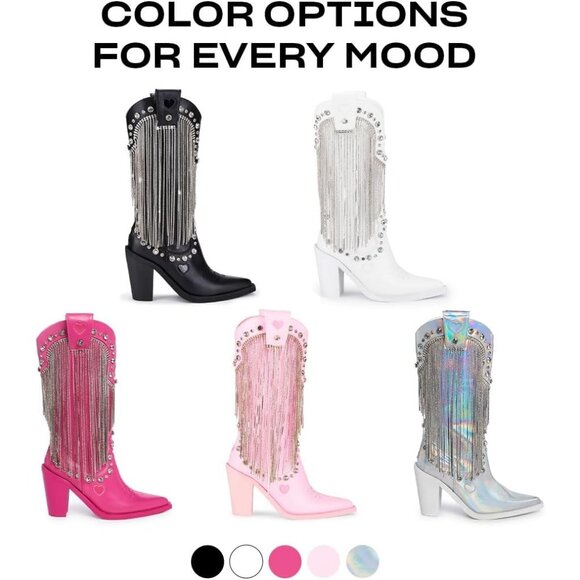 ⚡Women's Black Cowboy Boots Vegan Leather With Rhinestone Fringe Jewel Studs - Picture 4 of 6